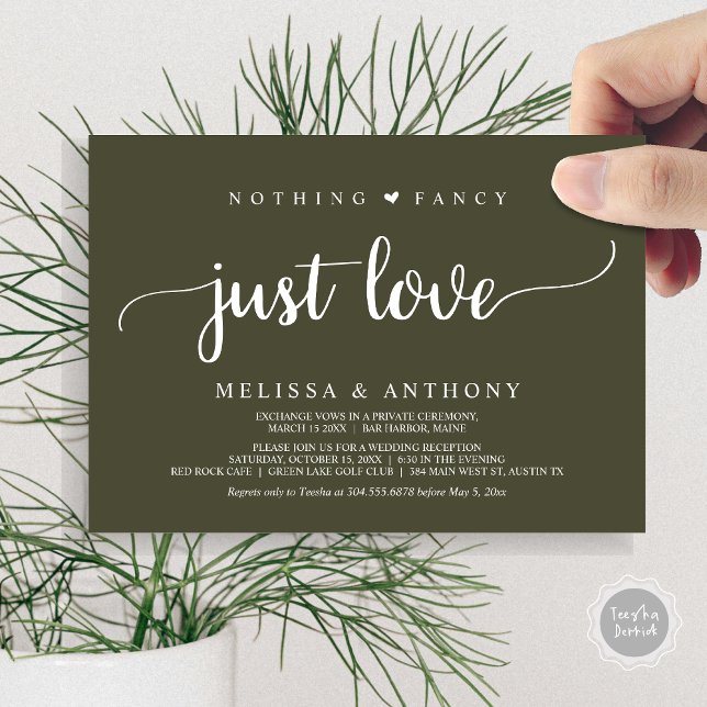 Nichts Extravagant nur Liebe, Elopement, rustikale Einladung (Nothing Fancy Just Love, Elopement, Rustic Script Wedding Invitation Card, in Olive Green)