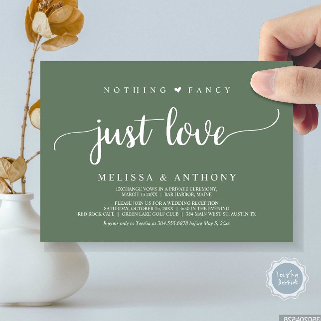 Nichts Extravagant nur Liebe, Elopement, rustikale Einladung (Nothing Fancy Just Love, Elopement, Rustic Script Wedding Invitation Card, in Forest Sage Green)