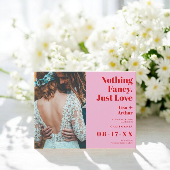 Nichts extravagant nur Liebe Foto rot Save the Dat Postkarte (Nothing fancy just love photo red save the date postcard)