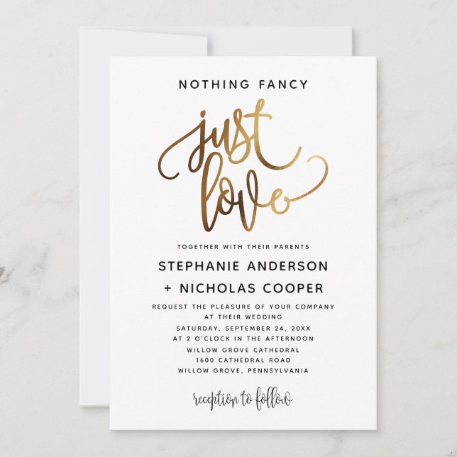Nichts Extravagant nur Liebe Gold Script Typografi Einladung (Vorderseite)