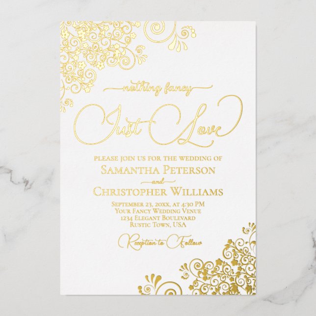 Nichts Extravagant nur Liebe Gold & White Wedding Folieneinladung (Vorderseite)