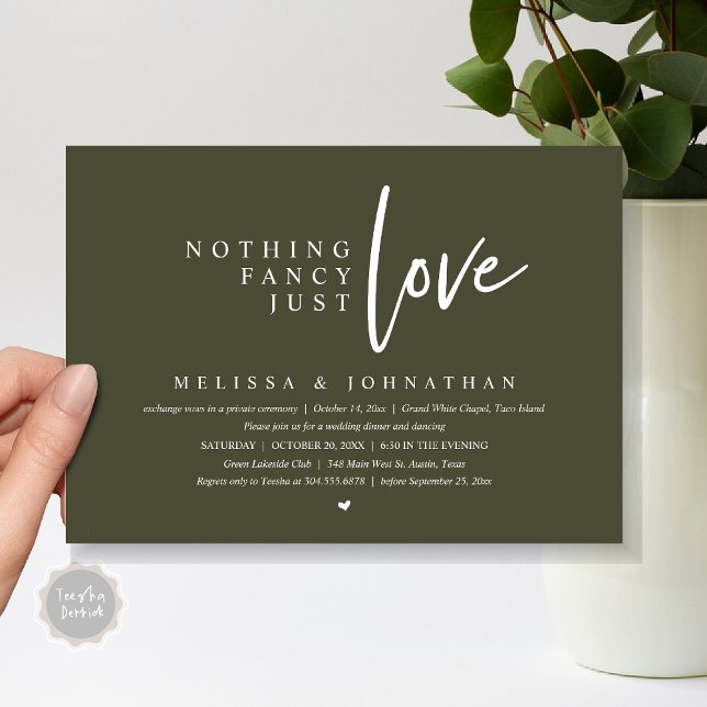 Nichts Extravagant, nur Liebe Hochzeit Abendessen Einladung (Nothing Fancy, Just Love Wedding Elopement Dinner Party Invitation Card, PDF, Olive Green)