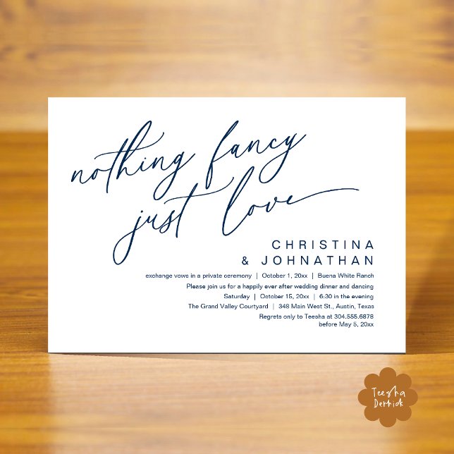 Nichts Extravagant nur Liebe Hochzeit Abendessen P Einladung (Nothing Fancy Just Love Modern Romantic Wedding Dinner Party Invitation Card PDF Navy Blue)