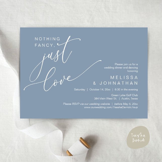 Nichts Extravagant, nur Liebe, Hochzeitsdinner Dan Einladung (Nothing Fancy, Just Love, Wedding Romantic Dinner Dancing Invitation Card, PDF, in Dusty Blue)