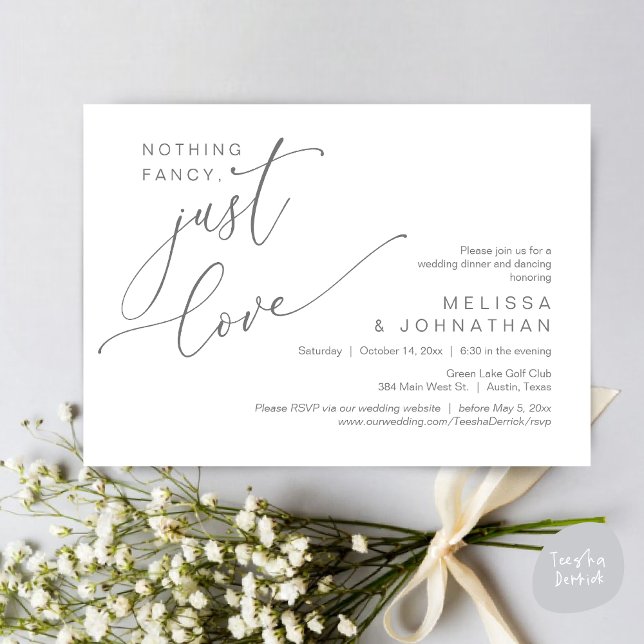 Nichts Extravagant, nur Liebe, Hochzeitsdinner Dan Einladung (Nothing Fancy, Just Love, Wedding Romantic Dinner Dancing Invitation Card, PDF, in Dark Grey)