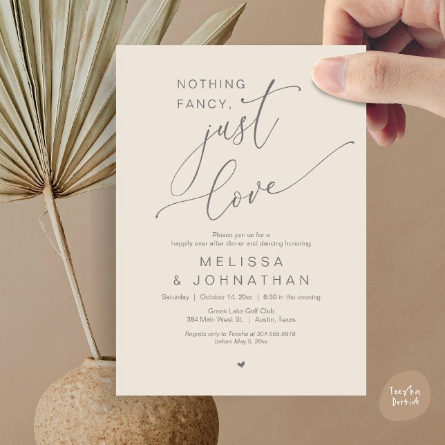 Nichts Extravagant, nur Liebe, Hochzeitsdinner Dan Einladung (Nothing Fancy, Just Love, Romantic Wedding Dinner Dancing Invitation Card, PDF, in Cream Grey)