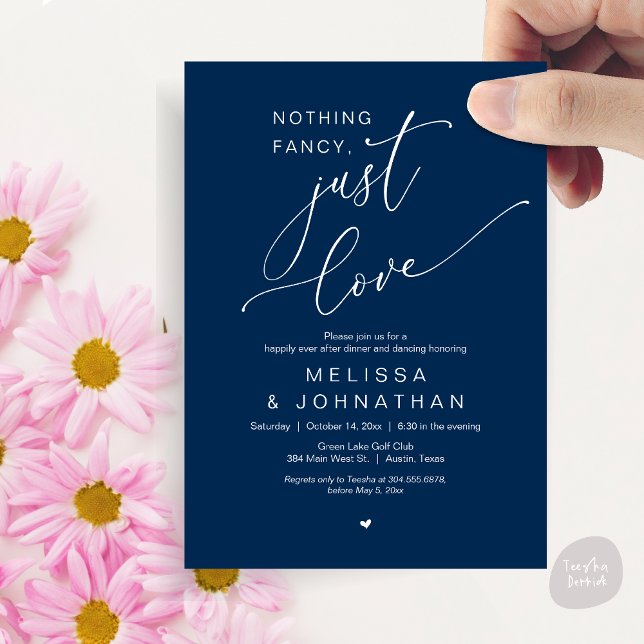 Nichts Extravagant, nur Liebe, Hochzeitsdinner Dan Einladung (Nothing Fancy, Just Love, Romantic Wedding Dinner Dancing Invitation Card, PDF, in Navy Blue)