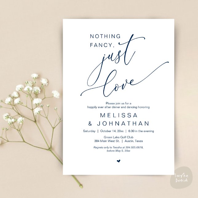 Nichts Extravagant, nur Liebe, Hochzeitsdinner Dan Einladung (Nothing Fancy, Just Love, Romantic Wedding Dinner Dancing Invitation Card, PDF, in Navy Blue)
