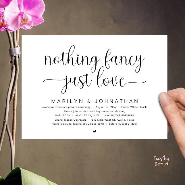 Nichts Extravagant, nur Liebe, Hochzeitsdinner Dan Einladung (Nothing Fancy, Just Love, Modern Wedding Dinner Dancing Dancing Invitation Card, PDF, White Black)