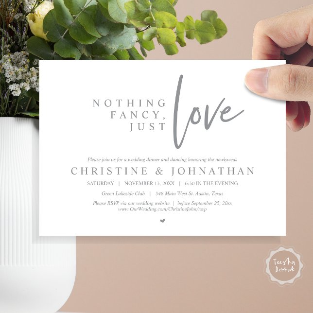 Nichts Extravagant, nur Liebe, Hochzeitsessen Einladung (Nothing Fancy, Just Love, Wedding Elopement Dinner Invitation Card, PDF, in Dark Grey)