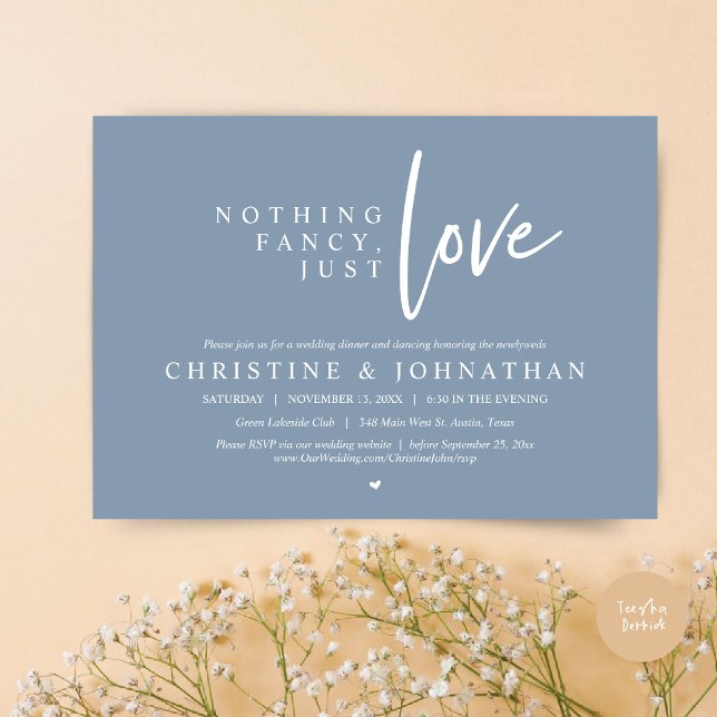 Nichts Extravagant, nur Liebe, Hochzeitsessen Einladung (Nothing Fancy, Just Love, Wedding Elopement Dinner Invitation Card, PDF, in Dusty Blue)