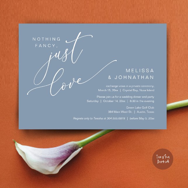 Nichts Extravagant, nur Liebe, Hochzeitsessen Einladung (Nothing Fancy, Just Love, Wedding Elopement Dinner Invitation Card, PDF, in Dusty Blue)