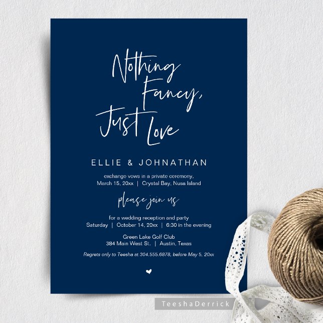 Nichts Extravagant nur Liebe, Hochzeitsessen Einladung (Nothing Fancy Just Love, Wedding Elopement Dinner or Brunch Invitation, in Classy Navy Blue Theme.)