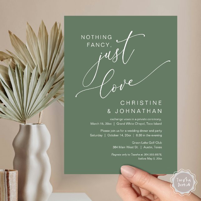 Nichts Extravagant, nur Liebe, Hochzeitsessen Einladung (Nothing Fancy Just Love, Wedding Elopement Dinner Party Invitation Card, PDF, Forest Sage Green)