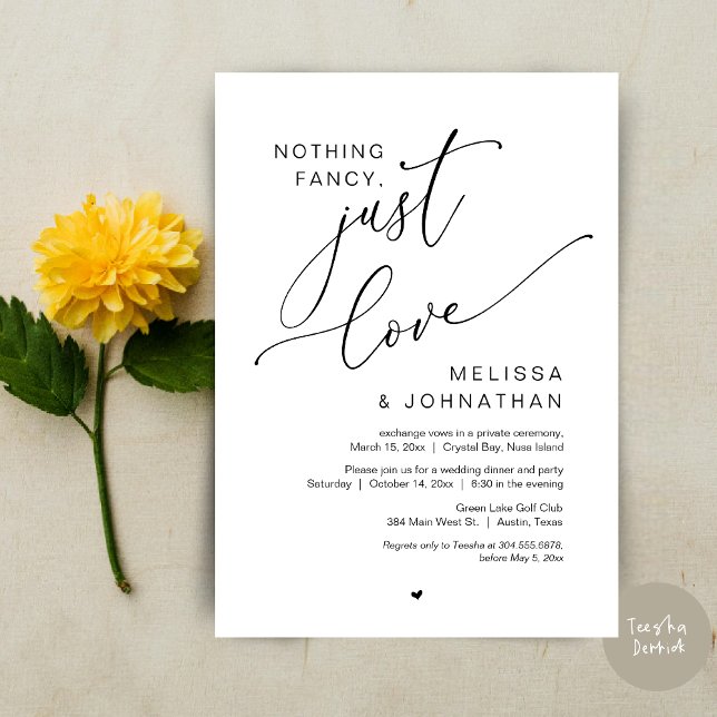 Nichts Extravagant, nur Liebe, Hochzeitsfeier Einladung (Nothing Fancy, Just Love, Wedding Elopement Dinner Party Invitation Card, PDF, In Black and White)