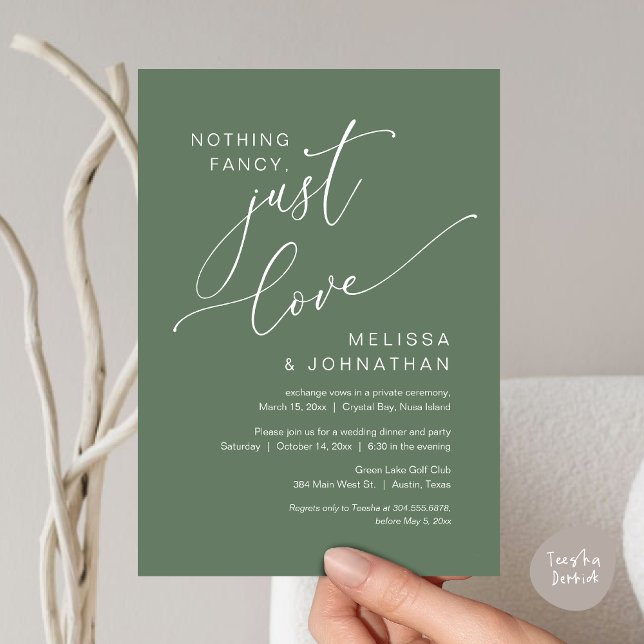 Nichts Extravagant, nur Liebe, Hochzeitsfeier Einladung (Nothing Fancy, Just Love, Wedding Elopement Invitation Card, PDF, Greenery Sage Green)