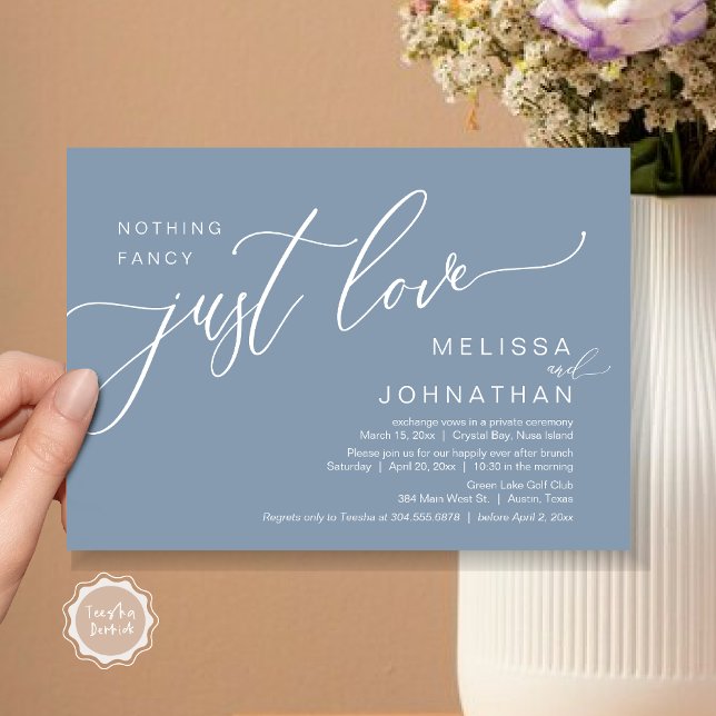 Nichts Extravagant nur Liebe, Hochzeitsfeier Einladung (Celebrate with us, Nothing Fancy Just Love, Romantic Wedding Brunch Invitation Card PDF Dusty Blue)