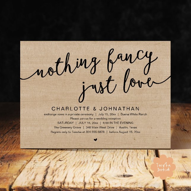 Nichts Extravagant, nur Liebe, Hochzeitsfeier Part Einladung (Nothing Fancy, Just Love, Wedding Elopement Dinner Lunch Brunch Party Invites Card  PDF Brown Wood)