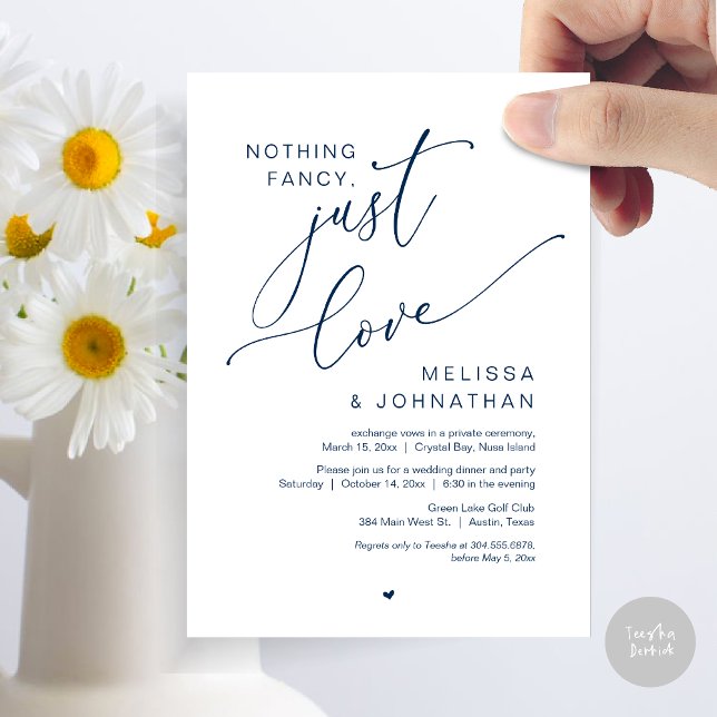 Nichts Extravagant, nur Liebe, Hochzeitsfeier Part Einladung (Nothing Fancy, Just Love, Wedding Elopement Dinner Party Invitation Card, PDF, In Navy Blue)