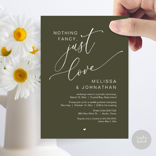 Nichts Extravagant, nur Liebe, Hochzeitsfeier Part Einladung (Nothing Fancy, Just Love, Wedding Elopement Dinner Party Invitation Card, PDF, In Olive Green)