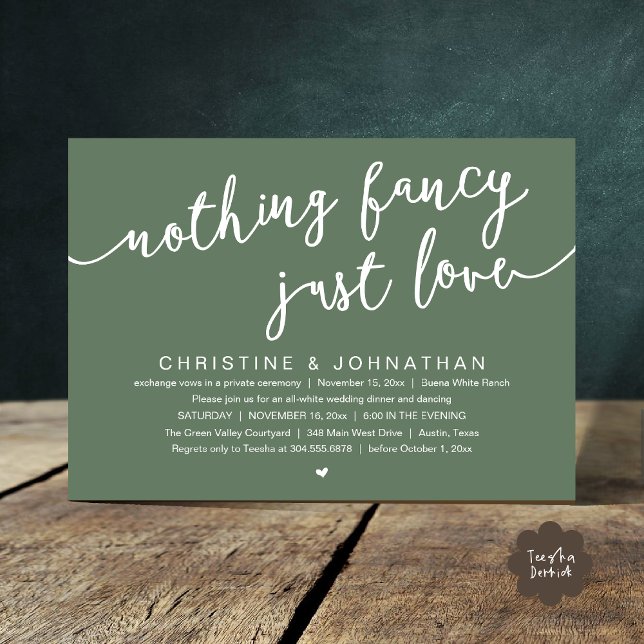 Nichts Extravagant, nur Liebe, Hochzeitsfeier Part Einladung (Nothing Fancy, Just Love, Wedding Elopement Party Invites Card PDF Cottage Rustic Sage Green)