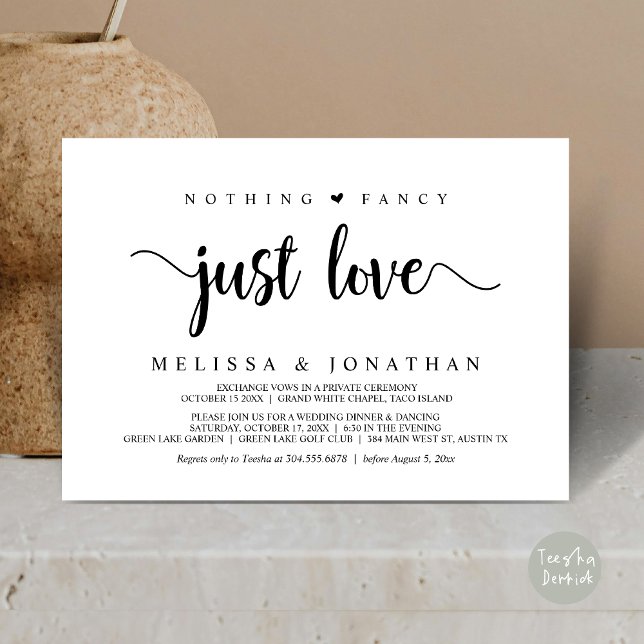 Nichts Extravagant nur Liebe, moderne Hochzeitsfei Einladung (Nothing Fancy Just Love, Modern Wedding Elopement Invitation Card, Rustic Cottage, PDF, White Black)