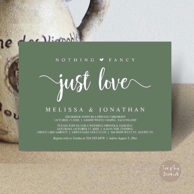 Nichts Extravagant nur Liebe, moderne Hochzeitsfei Einladung (Nothing Fancy Just Love, Modern Rustic Wedding Elopement Dinner Invitation Card, PDF, Greenery Sage)