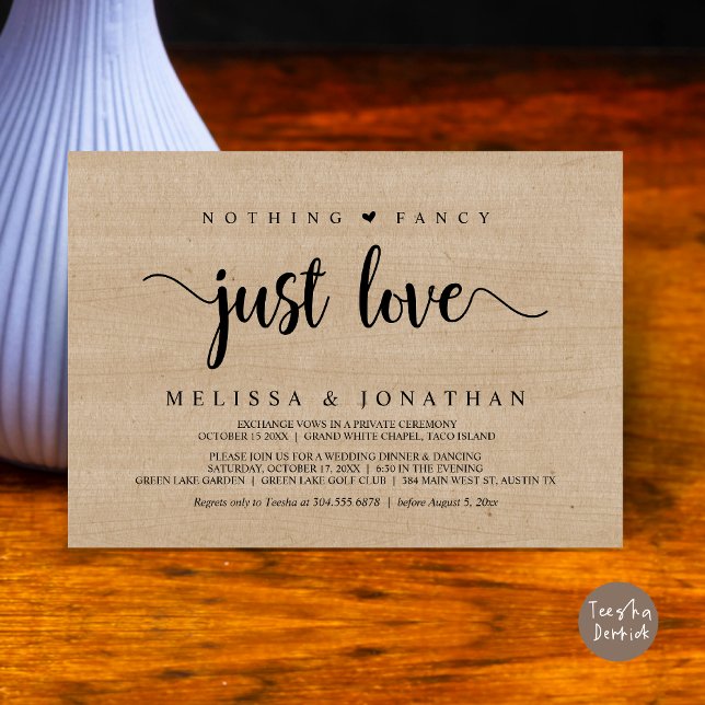 Nichts Extravagant nur Liebe, moderne Hochzeitsfei Einladung (Nothing Fancy Just Love, Modern Rustic Wedding Elopement Dinner Invitation Card, PDF, Wood Graphic)
