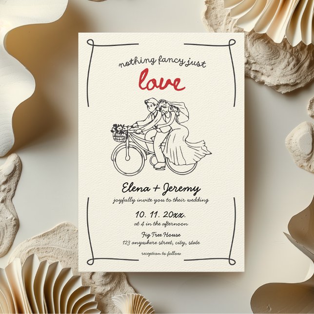 Nichts Extravagant nur Liebe Motorrad Handgezeichn Einladung (Nothing fancy just love wedding invitation hand drawn whimsical quirky motorcycle bike aesthetic)