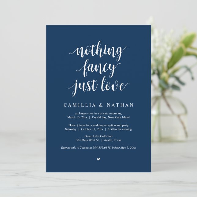 Nichts Extravagant nur Liebe, Navy Blue, Elopement Einladung (Stehend Vorderseite)