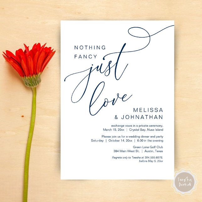 Nichts Extravagant, nur Liebe, romantisches Hochze Einladung (Nothing Fancy, Just Love, Wedding Elopement Dinner Invitation Card, PDF, Modern Romantic, Navy Blue)