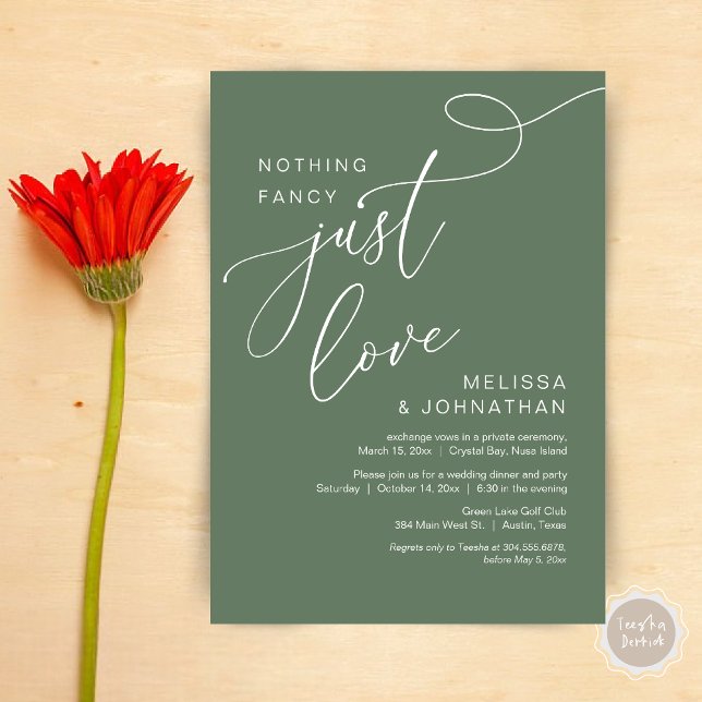 Nichts Extravagant, nur Liebe, romantisches Hochze Einladung (Nothing Fancy, Just Love, Romantic Wedding Elopement Dinner Invitation Card, PDF, Forest Sage Green)