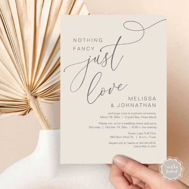 Nichts Extravagant, nur Liebe, romantisches Hochze Einladung (Nothing Fancy, Just Love, Wedding Elopement Dinner Invitation Card, PDF, Modern Romantic, Grey Cream)