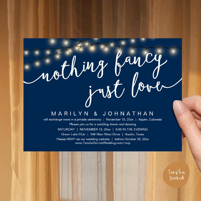 Nichts Extravagant, nur Liebe, rustikales Hochzeit Einladung (Nothing Fancy, Just Love, Rustic Cottage String Lights, Wedding Dinner Invites Card, PDF, Navy Blue)