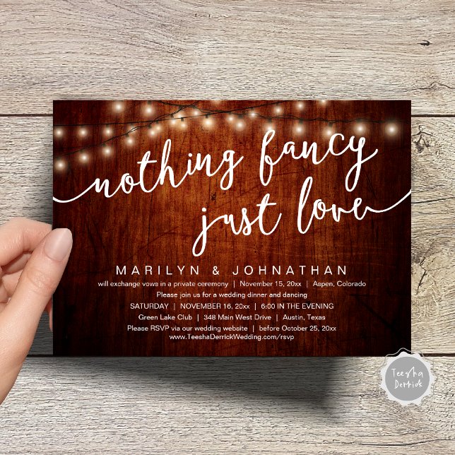 Nichts Extravagant, nur Liebe, rustikales Hochzeit Einladung (Nothing Fancy, Just Love, Rustic Cottage String Lights, Wedding Dinner Invites Card, PDF, Brown Wood)