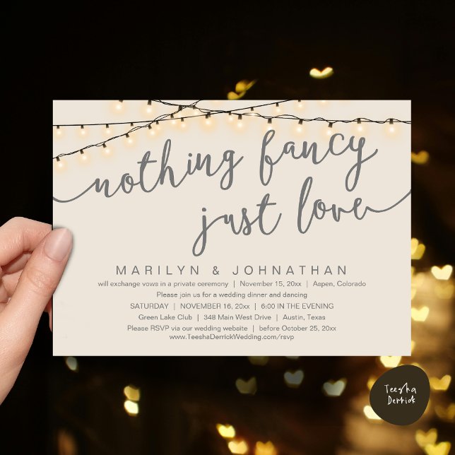 Nichts Extravagant, nur Liebe, rustikales Hochzeit Einladung (Nothing Fancy, Just Love, Rustic Cottage String Lights, Wedding Dinner Invites Card, PDF, Cream Grey)