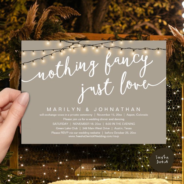 Nichts Extravagant, nur Liebe, rustikales Hochzeit Einladung (Nothing Fancy, Just Love, Rustic Cottage String Lights, Wedding Dinner Invites Card, PDF Taupe)