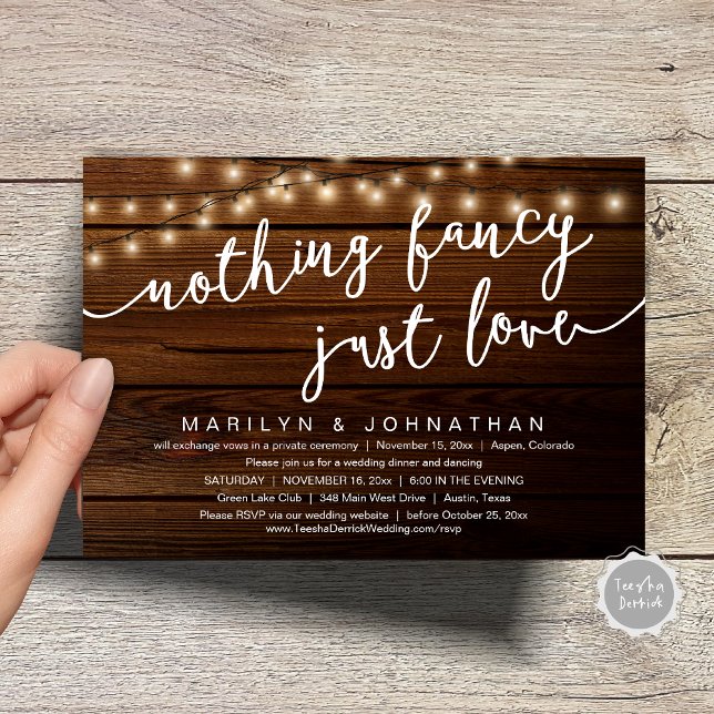 Nichts Extravagant, nur Liebe, rustikales Hochzeit Einladung (Nothing Fancy, Just Love, Rustic Cottage String Lights, Wedding Dinner Invites Card, PDF, Brown Wood)
