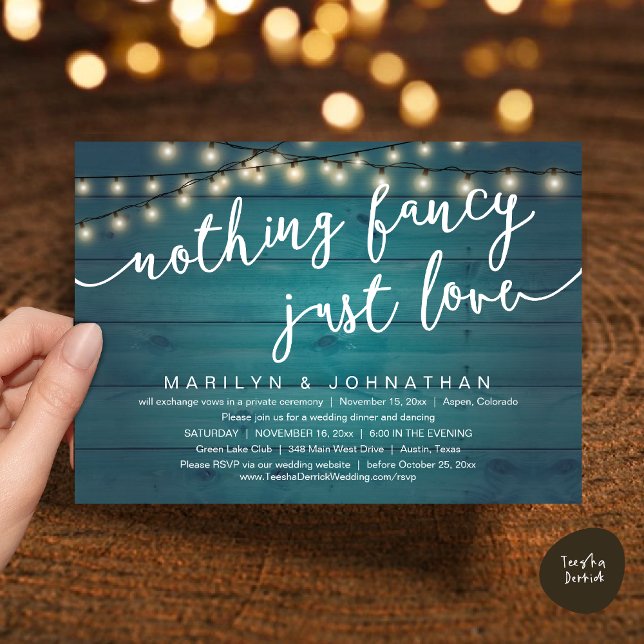 Nichts Extravagant, nur Liebe, rustikales Hochzeit Einladung (Nothing Fancy, Just Love, Rustic Cottage String Lights, Wedding Dinner Invites Card, PDF, Teal Blue)