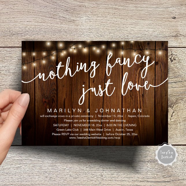 Nichts Extravagant, nur Liebe, rustikales Hochzeit Einladung (Nothing Fancy, Just Love, Rustic Cottage String Lights, Wedding Dinner Invites Card, PDF, Brown Wood)
