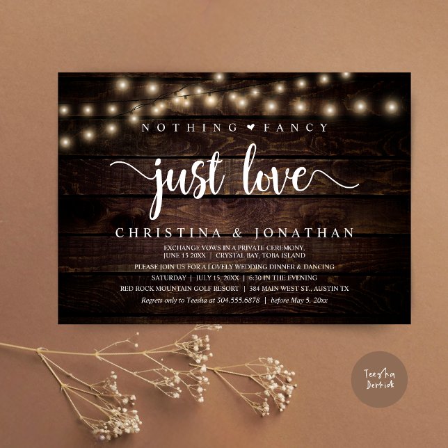 Nichts Extravagant nur Liebe, rustikales Hochzeits Einladung (Nothing Fancy Just Love, Rustic Wedding Dinner Invitation card, pdf, in cottage dark wood)