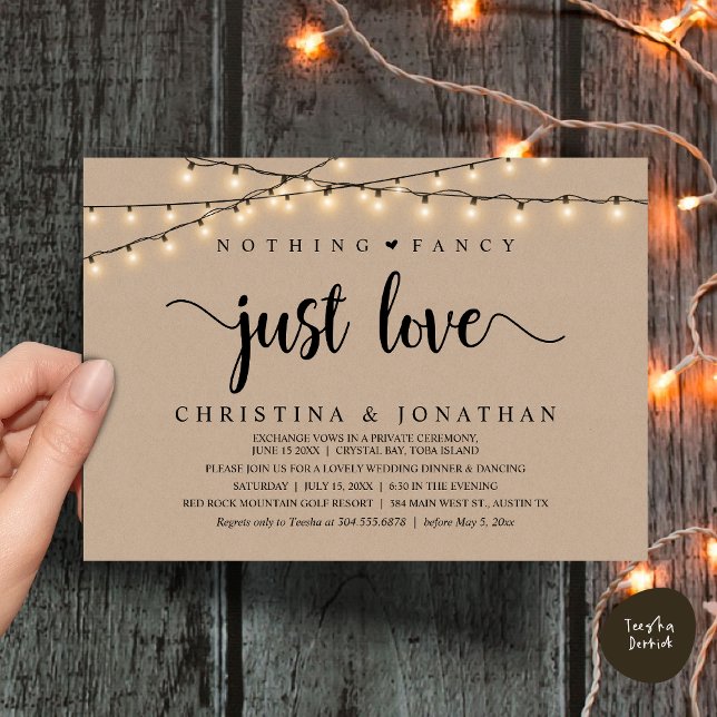 Nichts Extravagant nur Liebe, rustikales Hochzeits Einladung (Nothing Fancy Just Love, Rustic Wedding Dinner Invitation Card, PDF, String Lights Brown Kraft)