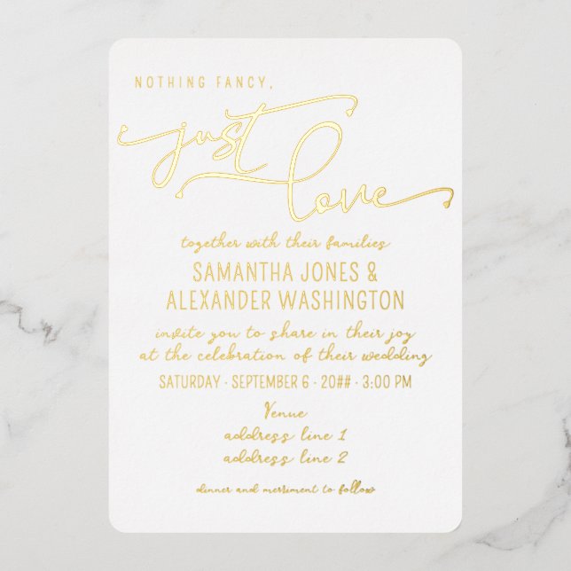 Nichts Extravagant nur Liebe Shabby Chic Weiß & Go Folieneinladung (Vorderseite)