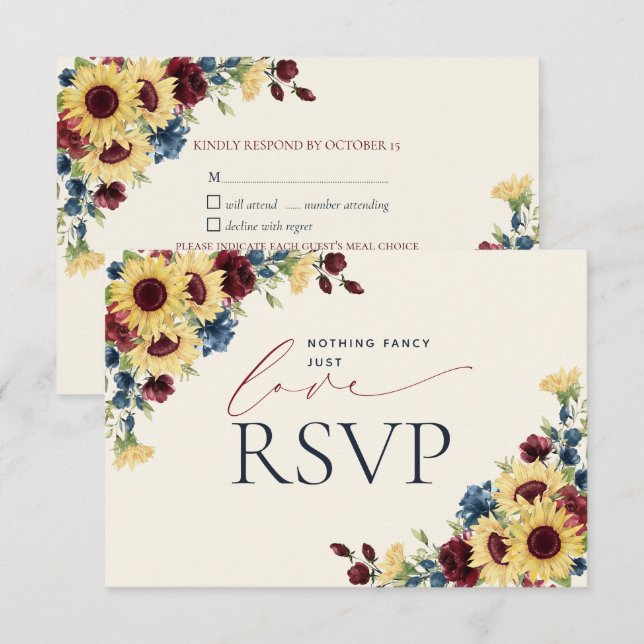 Nichts Extravagant nur Liebe Sonnenblumen Blauer B RSVP Karte (Vorne/Hinten)
