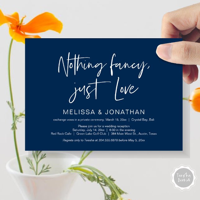 Nichts Geld, nur Liebe, Hochzeitsfeier Party Einladung (Nothing Fancy Just Love, Wedding Elopement Dinner Party Invitation Card, PDF, Modern, Navy Blue)