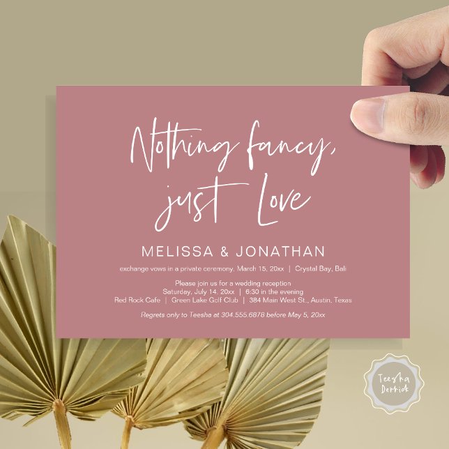 Nichts Geld, nur Liebe, Hochzeitsfeier Party Einladung (Nothing Fancy Just Love, Wedding Elopement Dinner Party Invitation Card, PDF, Classy Dusty Rose Pink)