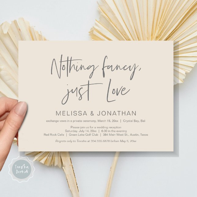 Nichts Geld, nur Liebe, Hochzeitsfeier Party Einladung (Nothing Fancy Just Love, Wedding Elopement Dinner Party Invitation Card, PDF,, Dark Grey Cream)