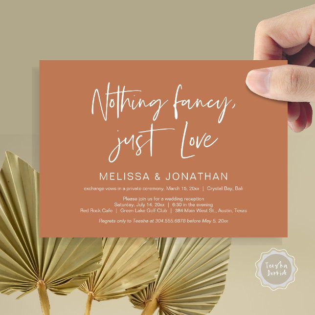 Nichts Geld, nur Liebe, Hochzeitsfeier Party Einladung (Nothing Fancy Just Love, Wedding Elopement Dinner Party Invitation Card, PDF, Earthy, Copper, Rust)