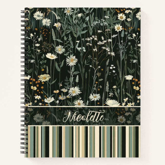 Nicolette Dark Daisy Floral Striped Deluxe Notizbuch (Vorderseite)