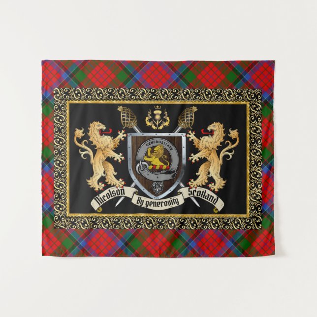 Nicolson Clan Abzeichen & Motto mit Löwen Wandteppich (Vorderseite (Horizontal))